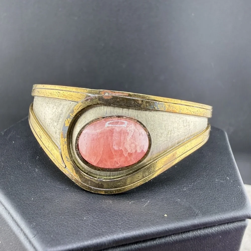Vintage Statement Cuff Polished‎ Stone Silver and Gold Tone 6.5